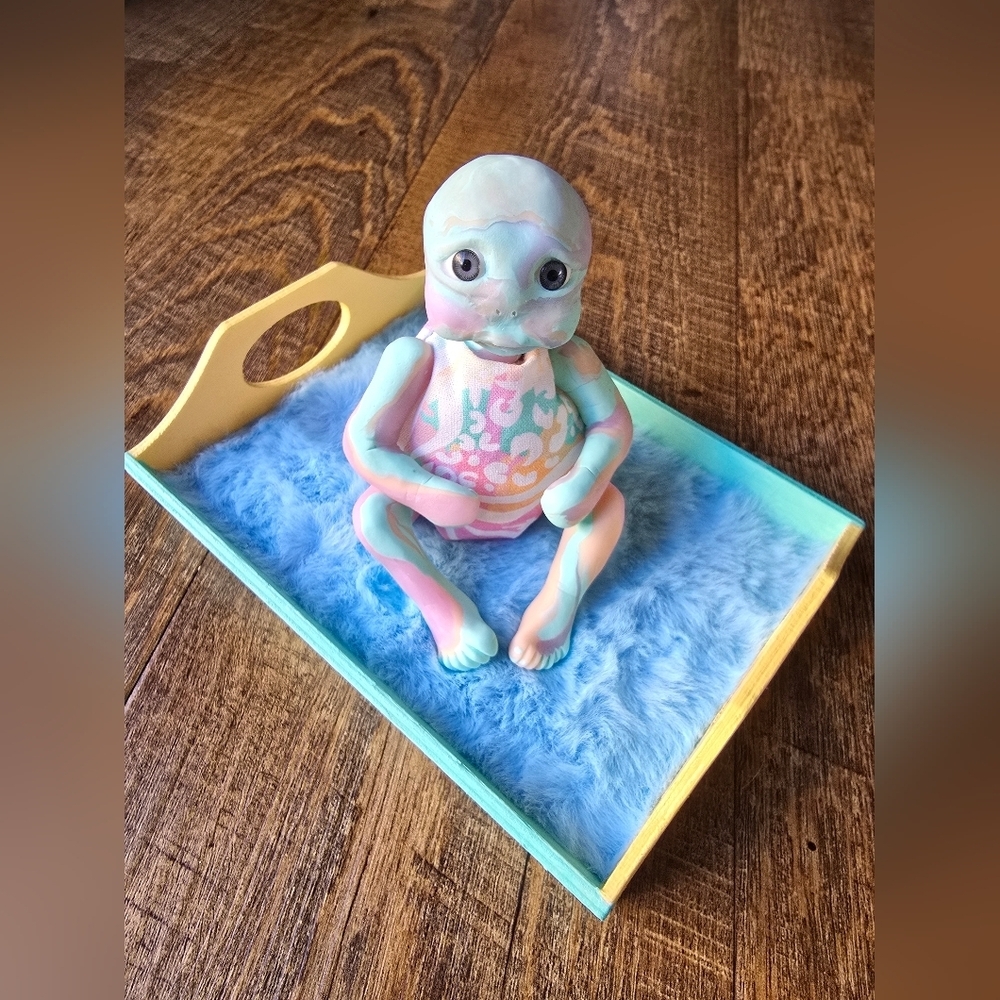 Handmade Alien Polymer Clay Baby Doll and Crib